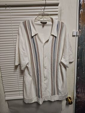 Truth Men’s Short Sleeve Polo Button Shirt in White with Brown and Blue Stripes